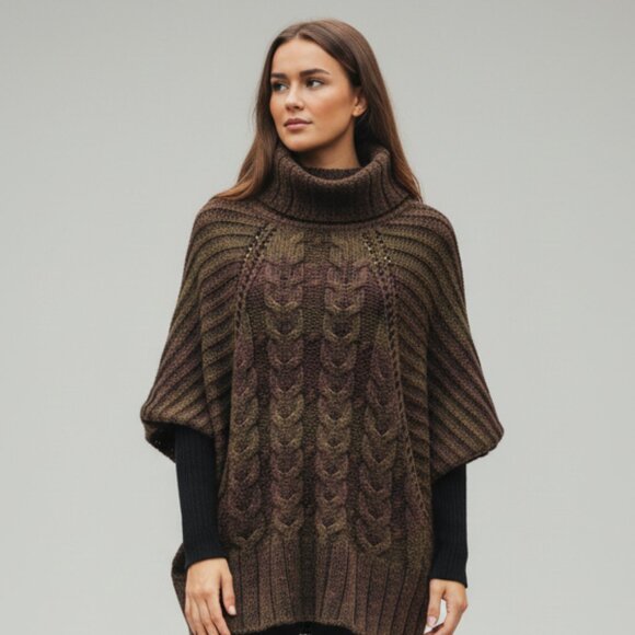 Coldwater Creek Brown Green Striped Wool Knit Batwing Sweater Poncho XS/S - Picture 1 of 10